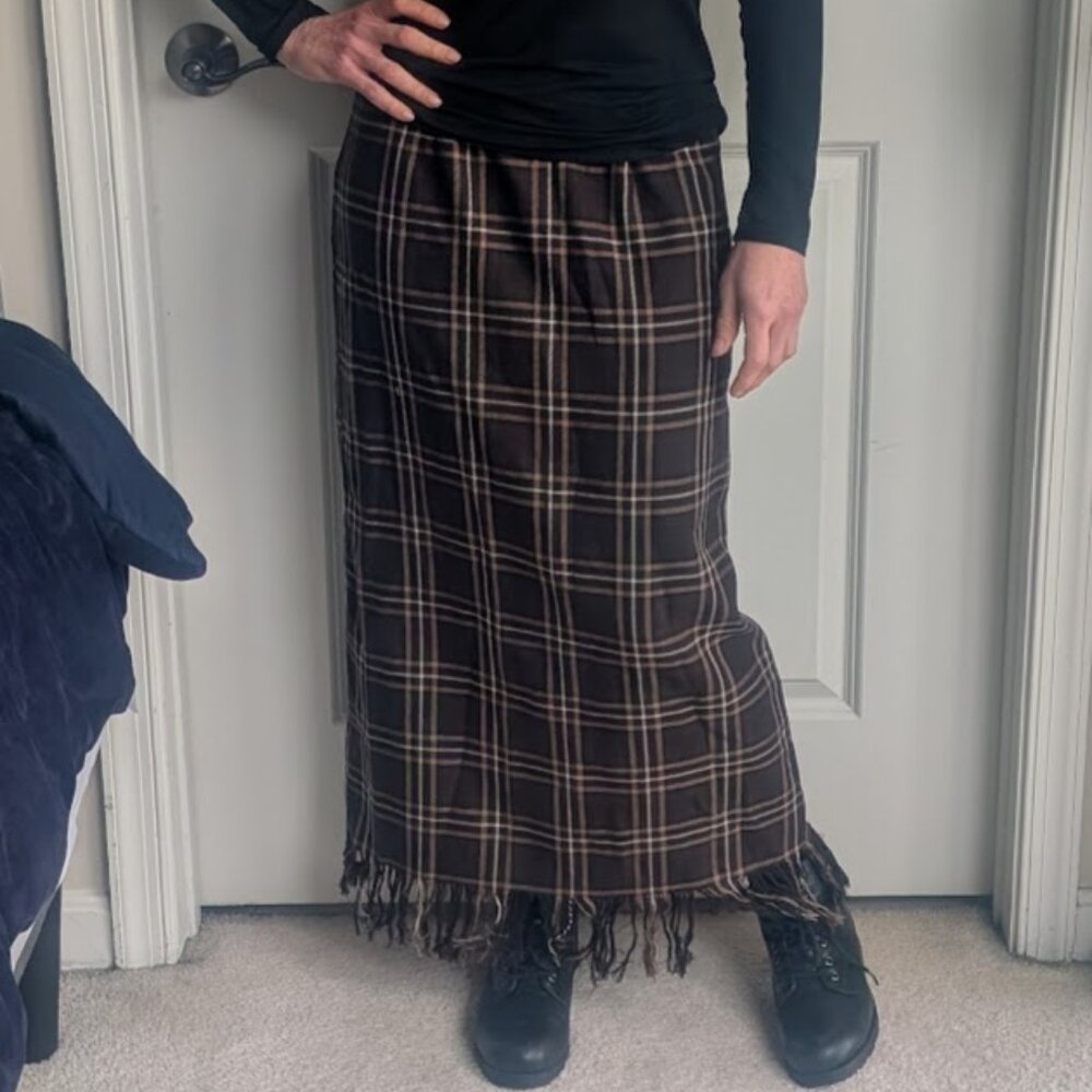 Plaid Maxi Skirt with Fringe Hem